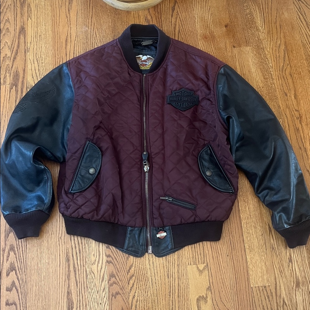 Vintage Harley-Davidson Burgundy Quilted Jacket with Black Leather Sleeves